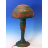 A CAMEO ART GLASS TABLE LAMP AND SHADE ETCHED THROUGH GREEN AND BRIGHT RED THROUGH TO AMBER WITH TRE