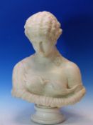 A 19th C. WHITE MARBLE BUST OF CLYTIE ON SOCLE FOOT. H 44cms.