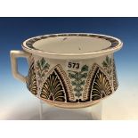 A VICTORIAN MAJOLICA CHAMBER POT, POSSIBLY MINTON AND THE DESIGN ATTRIBUTED TO CHRISTOPHER DRESSER