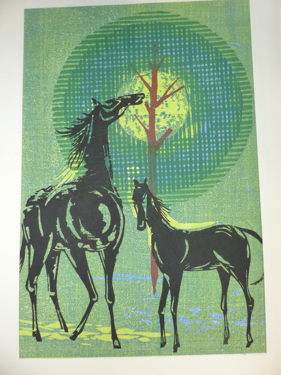 THREE 20th CENTURY JAPANESE WOODBLOCK PRINTS BY VARIOUS HANDS. A PENCIL SIGNED EXAMPLE OF HORSES.