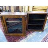 TWO ROSEWOOD BOOKCASES, EACH WITH THREE SHELVES AND WITH SCROLL BRACKETS UNDER EACH