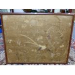 AN OAK FRAMED CHINESE SILKWORK PANEL EMBROIDERED WITH A PHEASANT, SONG BIRDS AND FLOWERS. 99 x