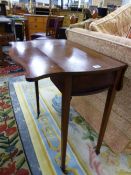 A GEORGE III STYLE CROSS BANDED MAHOGANY PEMBROKE TABLE WITH SERPENTINE FLAPS AND LINE INLAID SQUARE