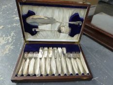 A CASE SET OF FISH KNIVES AND FORKS, A PART CASED CANTEEN OF CUTLERY, GLASSWARE ETC