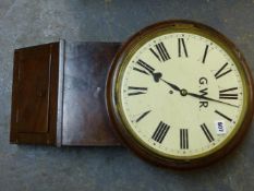 A MAHOGANY DROP DIAL GREAT WESTERN RAILWAY CLOCK WITH FUSEE DRIVE, THE PAINTED DIAL. Dia. 37cms x