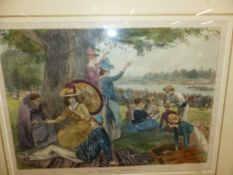 A HAND COLOURED PRINT OF THE HENLEY REGATTA. 35 x 49cms. TOGETHER WITH VARIOUS DECORATIVE FURNISHING