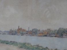 EARLY 20th CENTURY ENGLISH SCHOOL. VIEW OF KINGSTON ON THAMES, MONOGRAMMED, WATERCOLOUR. 26 x 38cms