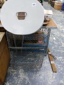 A LARGE PAINTED HAT TIN AND A WIRE WORK VEGETABLE STAND TOGETEHER WITH A LAUNDRY MAID