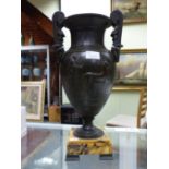 A 19th C. SPELTER TWO HANDLED BALUSTER VASE CLASSICALLY CAST WITH ANTHEMION MOTIFS AND CHARIOTEERS