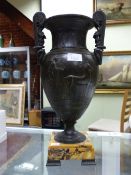 A 19th C. SPELTER TWO HANDLED BALUSTER VASE CLASSICALLY CAST WITH ANTHEMION MOTIFS AND CHARIOTEERS