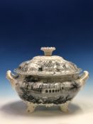 A CHAMBERLAINS WORCESTER TWO HANDLED SOUP TUREEN AND COVER PRINTED IN GREY WITH AN INDIAN PALACE AND