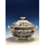 A CHAMBERLAINS WORCESTER TWO HANDLED SOUP TUREEN AND COVER PRINTED IN GREY WITH AN INDIAN PALACE AND