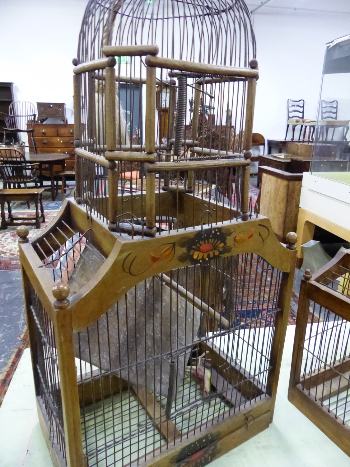 TWO VINTAGE ORNAMENTAL WOOD AND WIRE BIRD CAGES. LARGEST 36 x 83 x 22cms. - Image 2 of 7