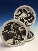 THREE 1950S WEDGWOOD CLARE LEIGHTON NEW ENGLAND INDUSTRIES BLACK PRINTED PLATES, LOGGING, HARVESTING