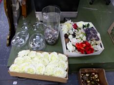 A GROUP OF LARGE GLASS VASES AND SILK FLOWERS.