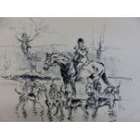 JOHN KING (1929-2014) ARR, HUNTSMAN WITH HOUNDS, SIGNED PEN AND INK DRAWING. 25 x 35cms TOGETHER