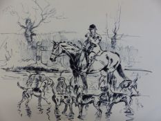 JOHN KING (1929-2014) ARR, HUNTSMAN WITH HOUNDS, SIGNED PEN AND INK DRAWING. 25 x 35cms TOGETHER