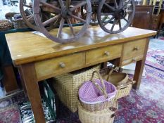 A PINE KITCHEN TABLE WITH A DRAWER TO ONE SIDE OF THE CUTLERY DRAWER AND A ZINC LINED DRAWER THE