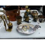 A ROYAL DOULTON THREE PART TEASET, EPNS A COPPER COAL SCUTTLE TWO LAMPS ETC