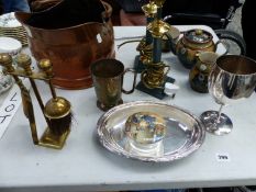 A ROYAL DOULTON THREE PART TEASET, EPNS A COPPER COAL SCUTTLE TWO LAMPS ETC