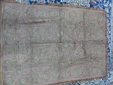 A MAUVE SILK PANEL WORK IN OTTOMAN STYLE IN SILVER THREADS WITH A VASE OF FLOWERS FLANKED BY COLUMNS