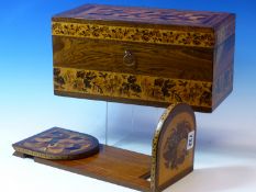 A 19th C. TUNBRIDGE WARE TEA CADDY CONTAINING TWO CANISTERS AND A GLASS MIXING BOWL. W 30.5cms.