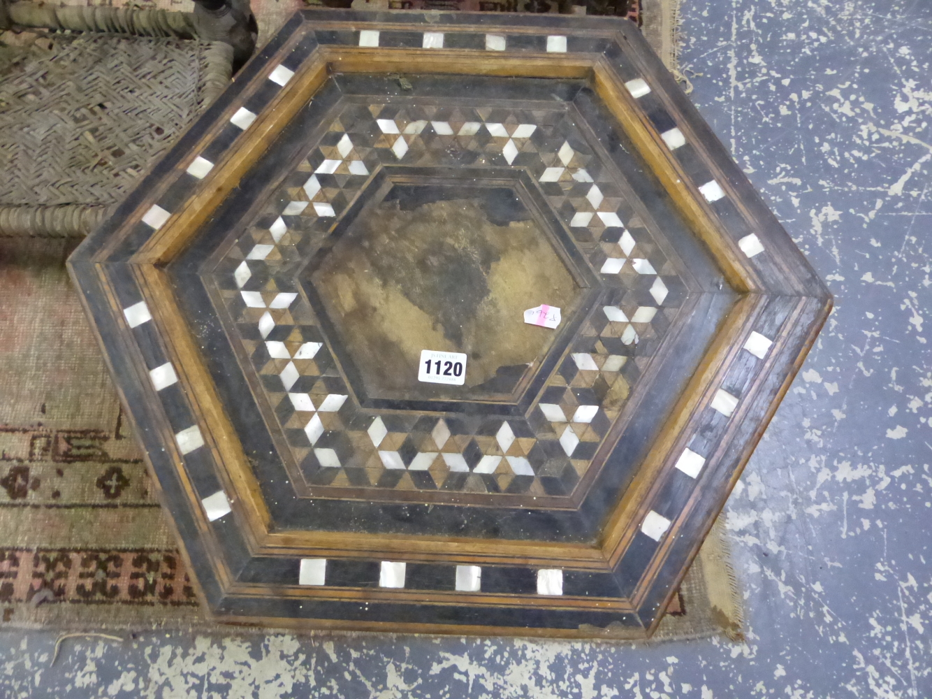 AN ISLAMIC HEXAGONAL TABLE GEOMETRICALLY INLAID IN MOTHER OF PEARL AND EBONY, DIAMOND DIAPER - Image 2 of 3