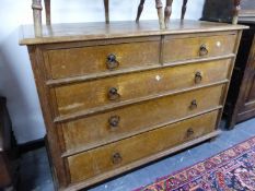 A 19th C. OAK CHEST OF TWO SHORT AND THREE GRADED LONG DRAWERS EACH WITH IRON RING HANDLES. W 118