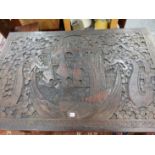 AN EARLY 20th C. CHINESE HARDWOOD TABLE TOP ON FOLDING STAND CARVED IN RELIEF WITH FIGURES IN A