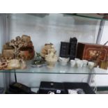 A QUANTITY OF ORIENTAL HARD STONE CARVINGS, A PAINTED TEA CHEST, TWO OPIUM PIPES , SCULPTURE