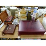 A CANTEEN CONTAINING VARIOUS CUTLERY, ANTIQUE MAHOGANY GAMES BOX, CINE CAMERA, A SILVER PLATED