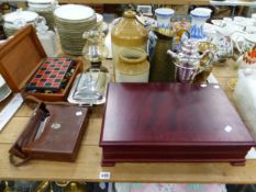 A CANTEEN CONTAINING VARIOUS CUTLERY, ANTIQUE MAHOGANY GAMES BOX, CINE CAMERA, A SILVER PLATED