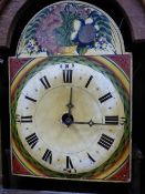 A 19th C. FRENCH OAK LONG CASED 30 HOUR CLOCK, THE DIAL PAINTED WITH FLOWERS IN THE ARCH, THE