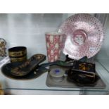 A PAIR OF REGENCY WINE COASTERS PAPIER MACHE TRAYS ETC, ARTS AND CRAFTS STYLE TRAY AND TRINKET