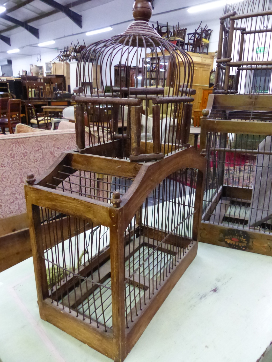 TWO VINTAGE ORNAMENTAL WOOD AND WIRE BIRD CAGES. LARGEST 36 x 83 x 22cms. - Image 7 of 7