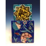 A MIDDLE EASTERN TILE PAINTED WITH A TIGRESS ON A YELLOW GROUND WITHIN A STAR AND TURQUOISE