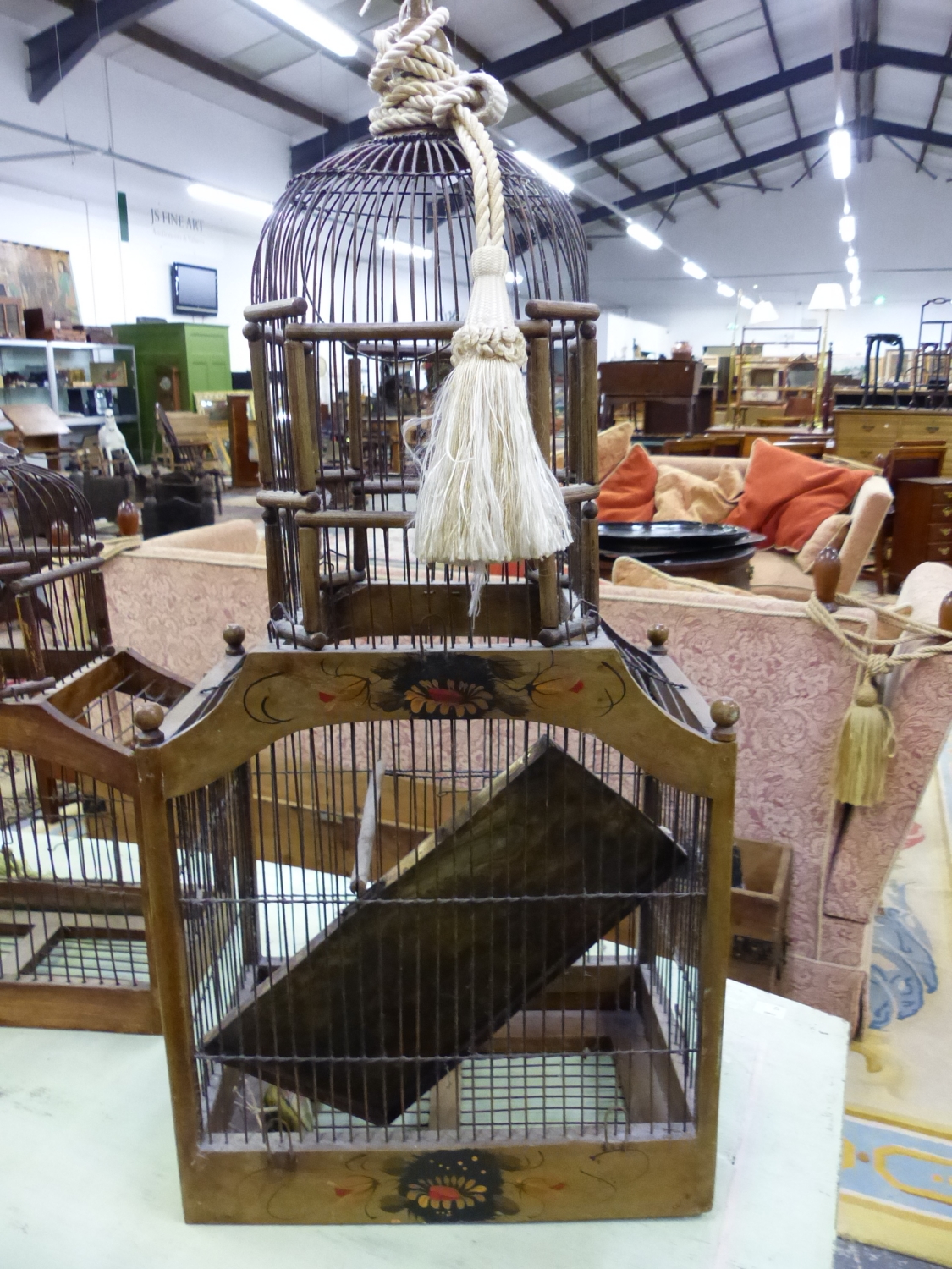 TWO VINTAGE ORNAMENTAL WOOD AND WIRE BIRD CAGES. LARGEST 36 x 83 x 22cms. - Image 6 of 7
