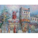 CONTEMPORARY CONTINENTAL SCHOOL. THE MOULIN ROUGE, SIGNED INDISTINCTLY, OIL ON CANVAS. 51 x 61cms
