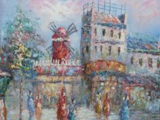 CONTEMPORARY CONTINENTAL SCHOOL. THE MOULIN ROUGE, SIGNED INDISTINCTLY, OIL ON CANVAS. 51 x 61cms