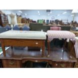 A MAHOGANY INLAID BOX SEAT STOOL AND ANOTHER DRESSING STOOL.