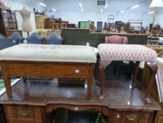 A MAHOGANY INLAID BOX SEAT STOOL AND ANOTHER DRESSING STOOL.