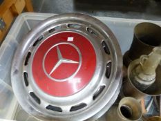 A SET OF FOUR MECERDES CHROME AND RED WHEEL TRIMS, TWO FUEL CANS, VARIOUS BRASS WARE, PRINTS AND