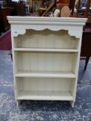 A PAINTED WALL SHELF AND A BRASS FIRE SCREEN.