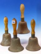 A SET OF THREE G&J 1939 WORLD WAR II AIR RAID PRECAUTION HAND BELLS WITH BALUSTER WOODEN HANDLES