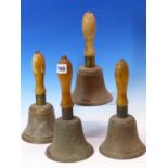 A SET OF THREE G&J 1939 WORLD WAR II AIR RAID PRECAUTION HAND BELLS WITH BALUSTER WOODEN HANDLES