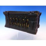 A JAQUES BLACK COMPOSITION NEOGOTHIC BOX FOR A STAUNTON CHESS SET LINED WITH DEEP BLUE VELVET. W