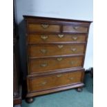 AN 18th C. OAK CHEST OF TWO SHORT AND FOUR GRADED LONG DRAWERS ON BUN FEET. W 101 x D 53 x H