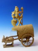 AN INDIAN CARVED WOOD BULLOCK DRAWN CART. W 30cms. TOGETHER WITH A CARVED WOOD FIGURE OF MANASA WITH