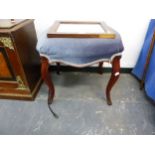 A VICTORIAN CABRIOLE LEG STOOL AND A SMALL MIRROR.