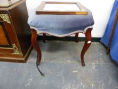 A VICTORIAN CABRIOLE LEG STOOL AND A SMALL MIRROR.